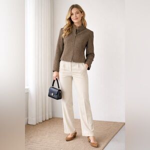 Camelot Petite 14 Wool Blend Herringbone Cropped Jacket Brown Tweed Mock Neck